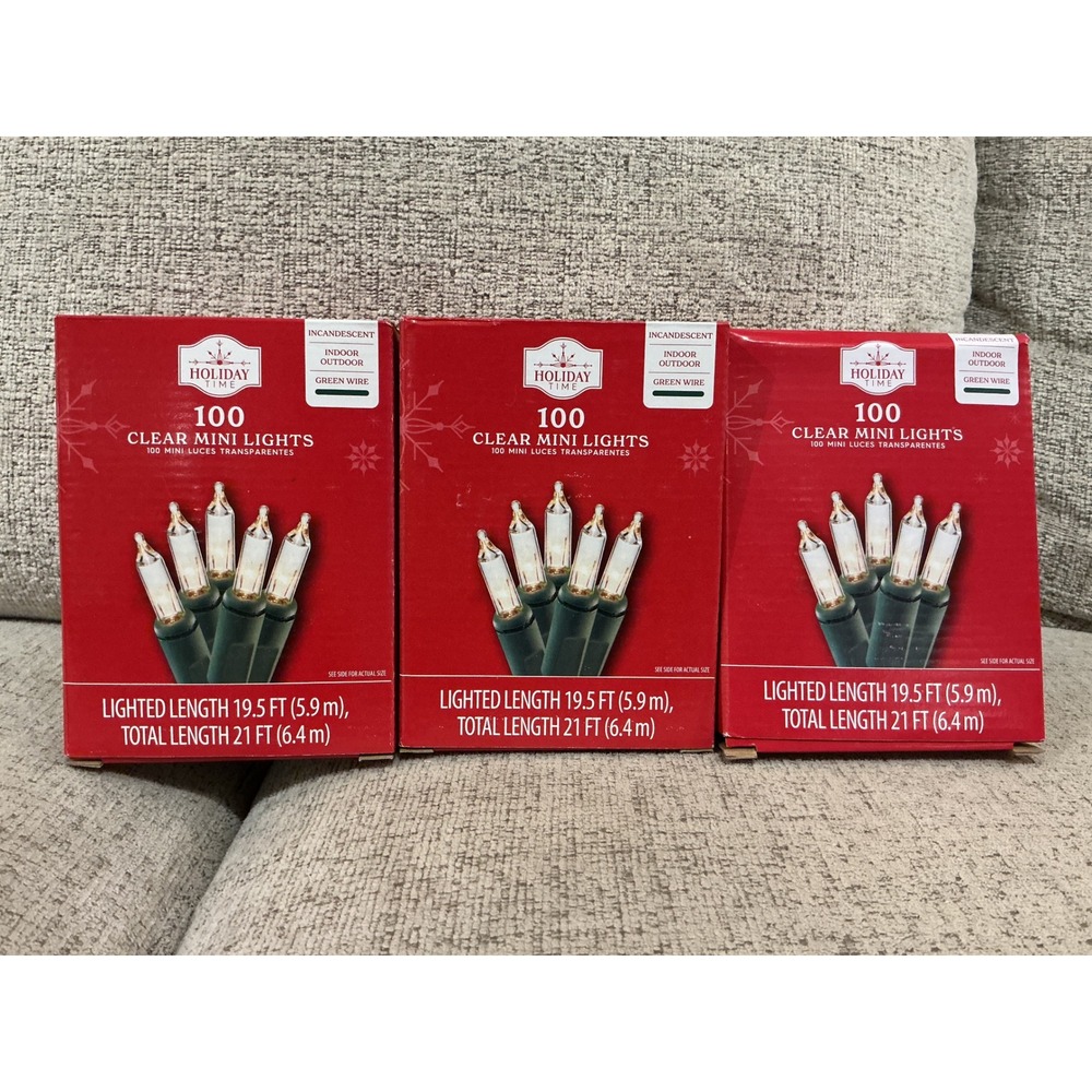Lot‎ of 3 Holiday Time 100 Clear Mini Lights Green Wire Indoor Outdoor 21ft Each